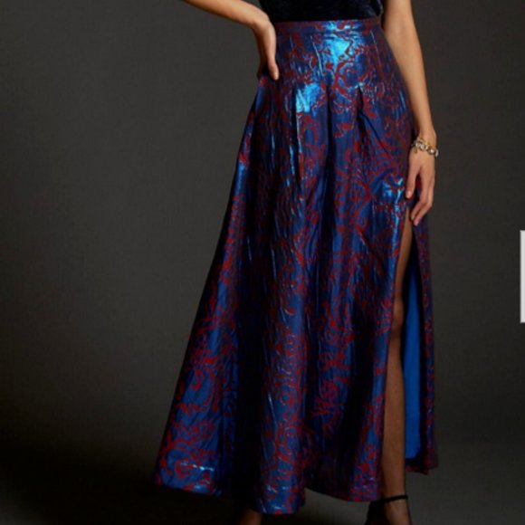 Anthropologie Maeve 4 NWT Pleated Shimmer Maxi Skirt Cocktail Metallic Blue - Picture 10 of 10